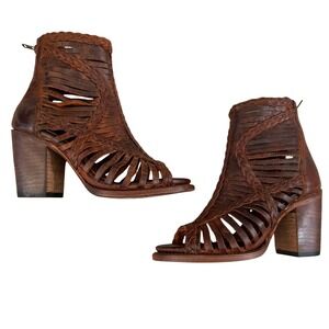 Freebird by Steven Bela Brown Leather Woven Huarache Peep Toe Booties Size 8